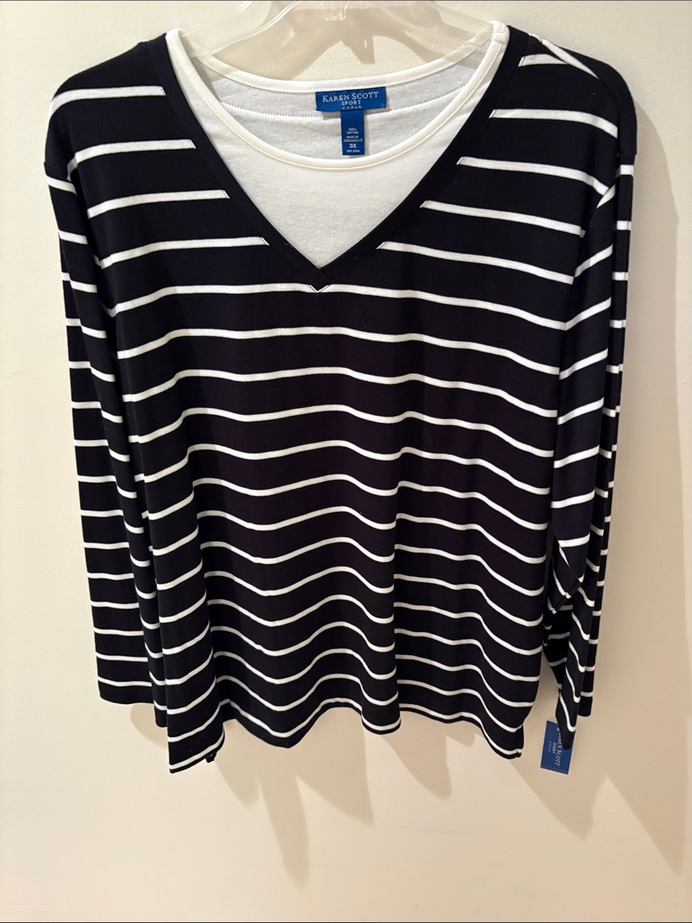 Karen Scott Black and White Striped V-Neck Long Sleeve Top